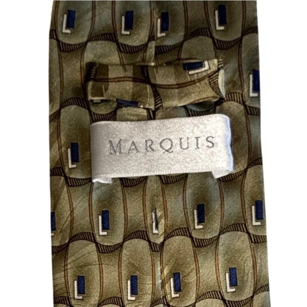 Vintage Marquis Mens Silk Necktie Olive Green Gold Blue Geometric‎ Tie
